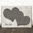 Coldplay Fix You Landscape Music Script Two Hearts Song Lyric Art Print