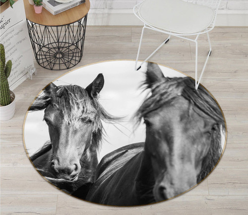3D Black And White Horse Round Rug - Round Carpet Home Decor
