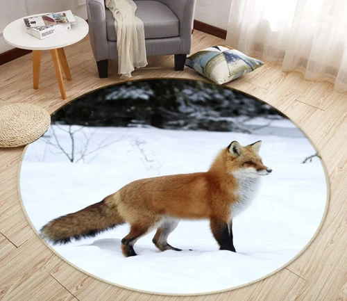 3D Brown Fox Snowfield Round Rug - Round Carpet Home Decor