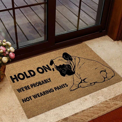 Hold On Were Probably Not Wearing Pants Bulldog Easy Clean Welcome Doormat - Welcome Mat - Home Decor