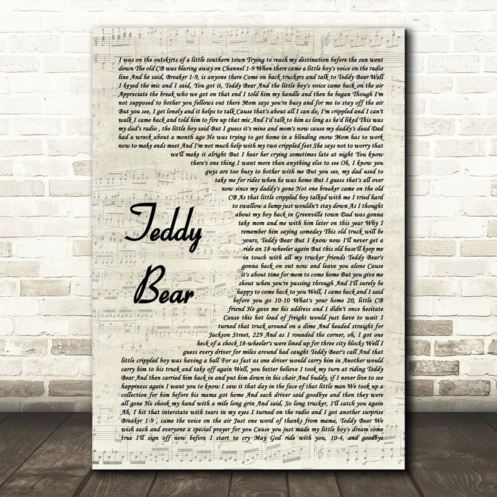 Red Sovine Teddy Bear Vintage Script Song Lyric Art Print
