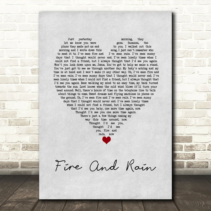 James Taylor Fire And Rain Grey Heart Song Lyric Art Print