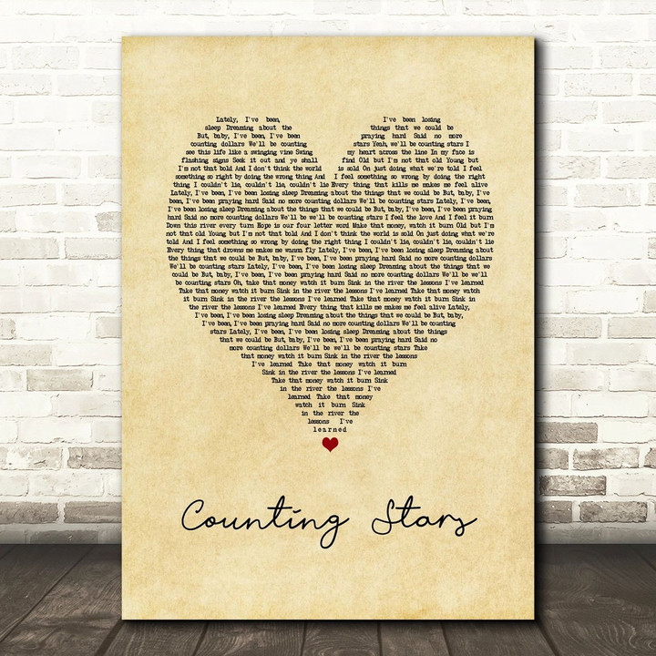OneRepublic Counting Stars Vintage Heart Song Lyric Art Print