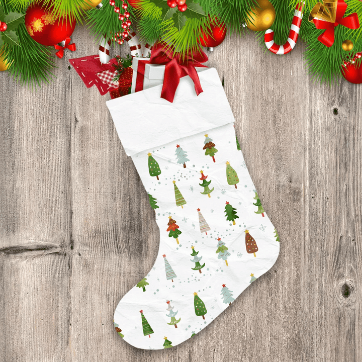 Colorful Cute Christmas Trees And White Snowflakes Christmas Stocking