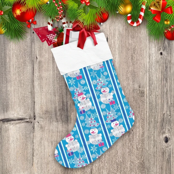 Pine Trees Christmas Snowman And Gift Boxes Christmas Stocking