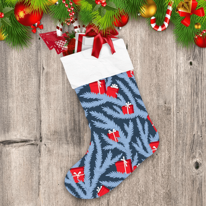 Illustrated Blue Spruce And Red Gift Boxes Pattern Christmas Stocking