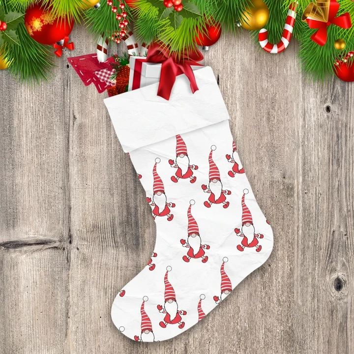 Friendly Gnome Santa Claus On White Background Christmas Stocking