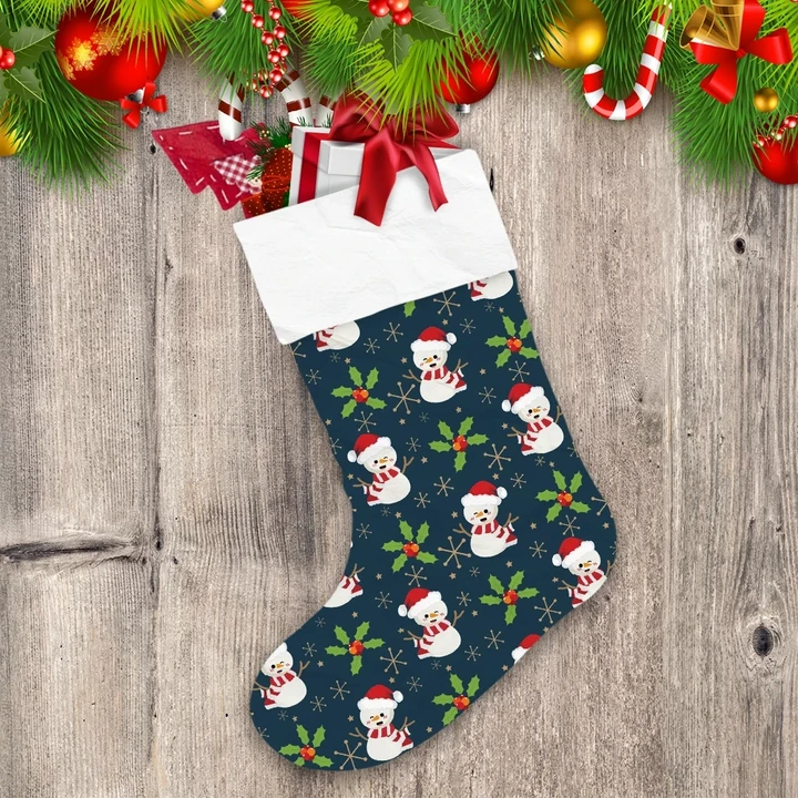 Baby Snowman In Red Scarf And Christmas Holly Christmas Stocking