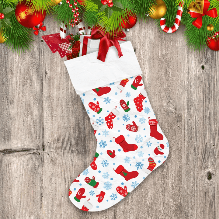 Christmas Red Socks Mittens And Snowflakes On White Background Christmas Stocking