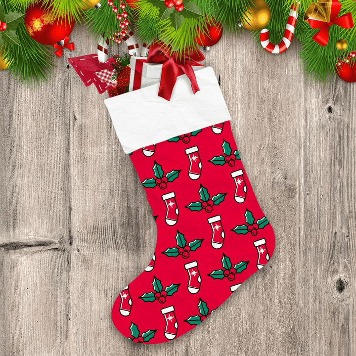Christmas Sock And Holly On Red Background Christmas Stocking