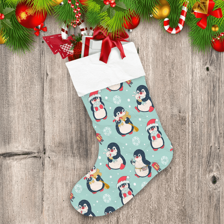 Christmas Cute Penguins Playing With Toy Christmas Stocking