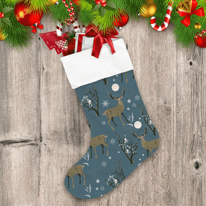Christmas Night In Forest With Deer Snowflakes And Trees Christmas Stocking