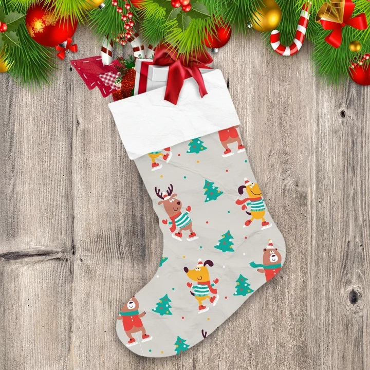 Reindeer With Santa Hat And Scarf In Xmas Tree Forest Christmas Stocking