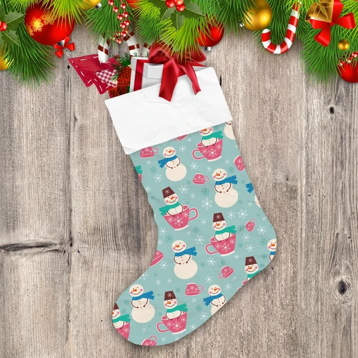 Cute Christmas Snowman In Pink Cup Christmas Stocking