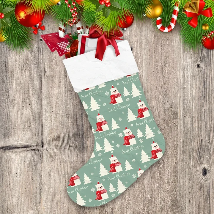 Sweet Christmas With Fir Tree And Bear In Scarf Christmas Stocking
