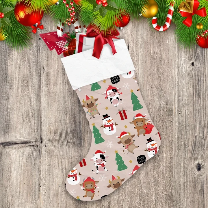 Cute Cow Animals Winter Costume And Snowflakes Trees Pattern Christmas Stocking