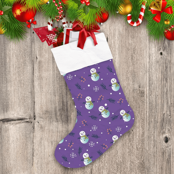 Happy Snowman Pine Leaves Snowflakes And Berries On Purple Background Christmas Stocking
