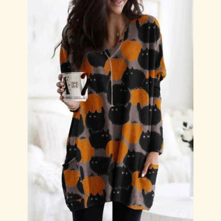 Cat Pumpkin Long Sleeve Halloween Dress 🔥SALE 50% OFF🔥