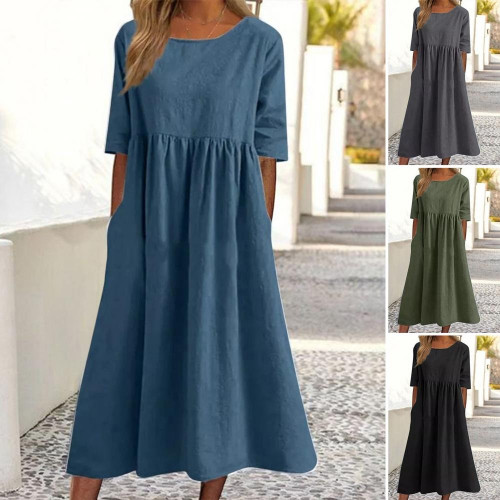 Women's Casual Basic Outdoor Crew Neck Pocket Smocked Dress 🔥SALE 50% OFF🔥