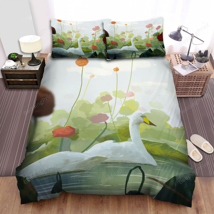 The Swan In The Lotus Lake Bed Sheets Spread Duvet Cover Bedding Sets