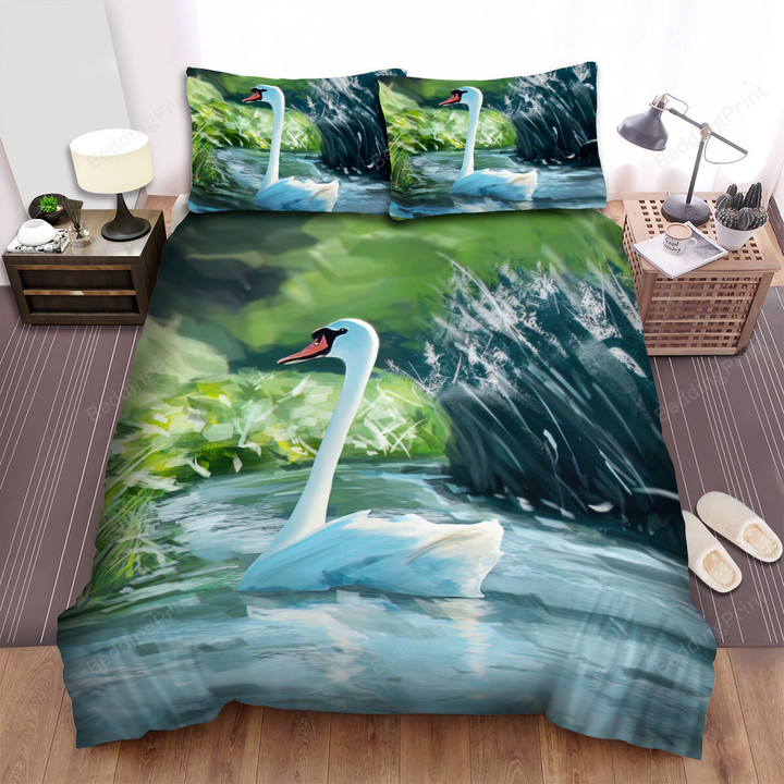 The Swan Floating In The Water Watercolor Art Bed Sheets Spread Duvet Cover Bedding Sets