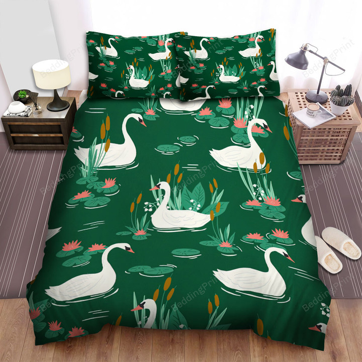 The Swan Swimming In The Pond Seamless Pattern Bed Sheets Spread Duvet Cover Bedding Sets