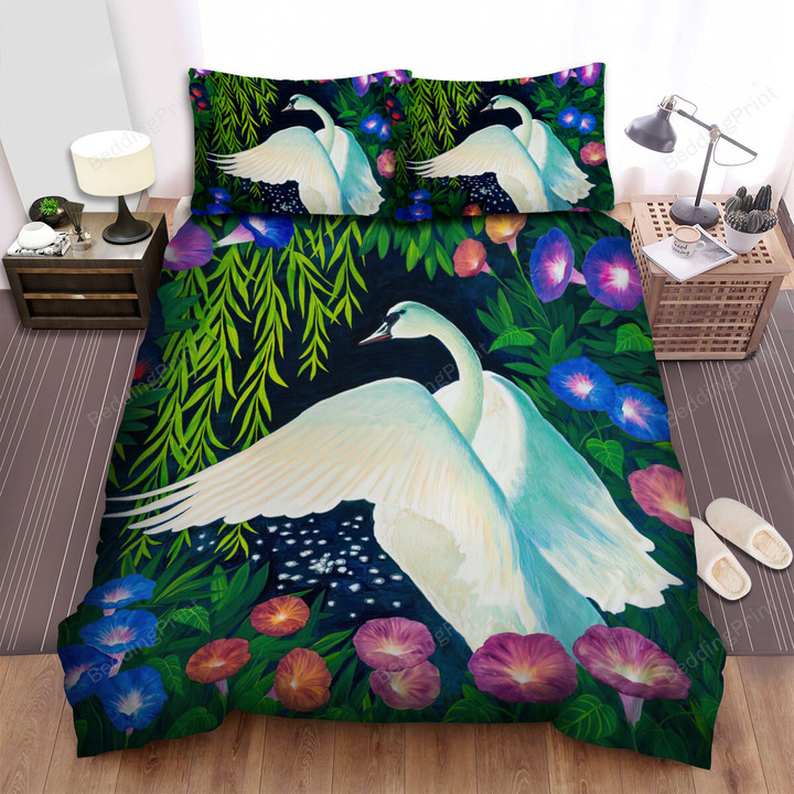 The Swan In The Flowers Frame Bed Sheets Spread Duvet Cover Bedding Sets