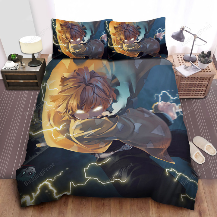 Demon Slayer Zenitsu Breath Of Thunder Artwork Bed Sheets Spread Comforter Duvet Cover Bedding Sets