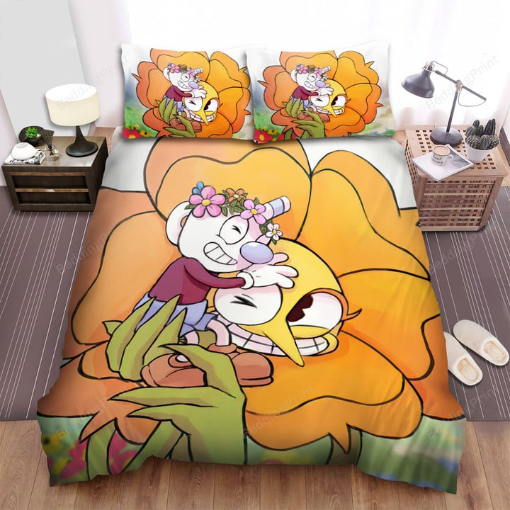 Cuphead - Mugman Hugging Cagney Carnation Bed Sheets Spread Duvet Cover Bedding Sets