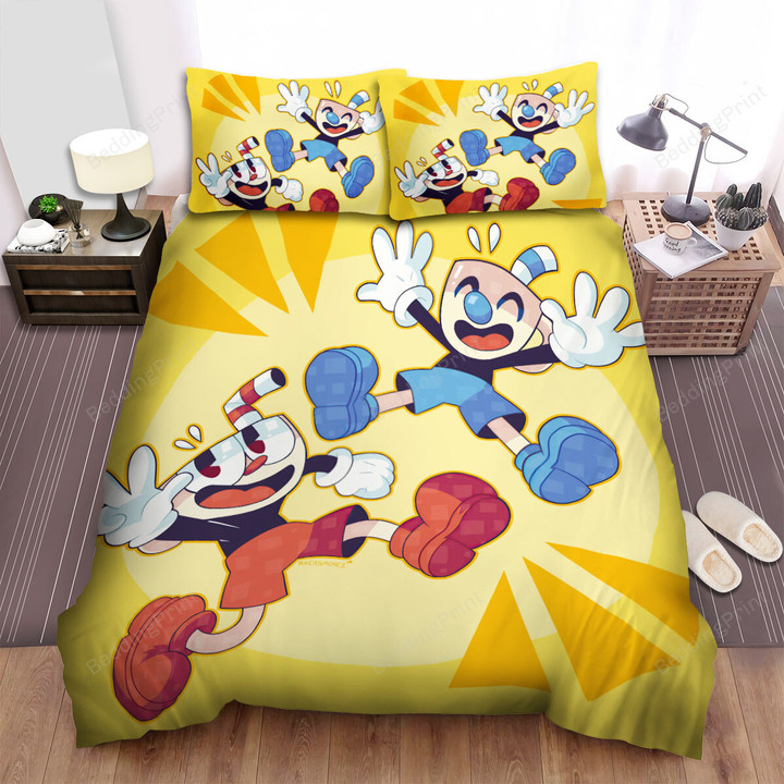 Cuphead - Mugman And Cuphead Jumping Bed Sheets Spread Duvet Cover Bedding Sets