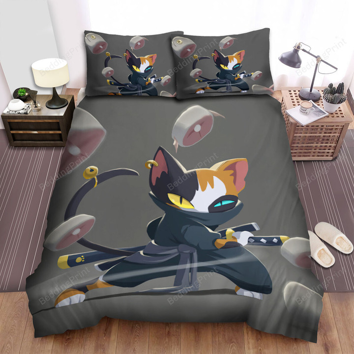 Ninja Cat Slicing A Fish Digital Illustration Bed Sheets Spread Duvet Cover Bedding Sets