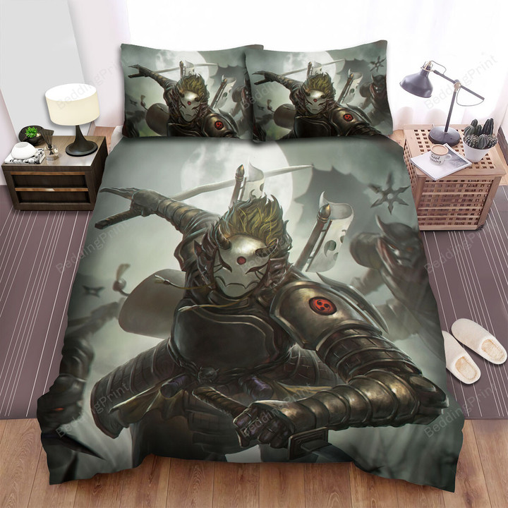 Ninja With Oni Mask Rushing In The Battle Artwork Bed Sheets Spread Duvet Cover Bedding Sets
