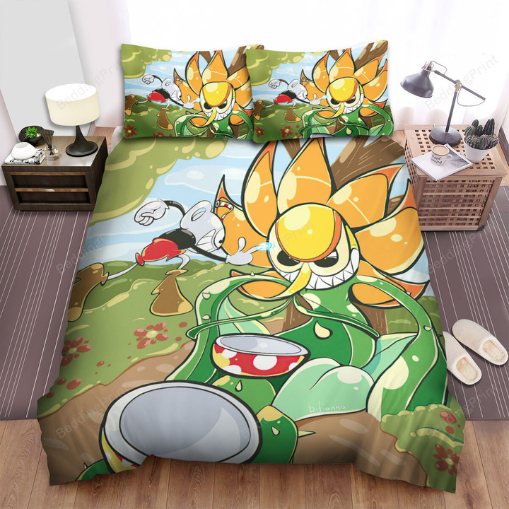 Cuphead - Cuphead Versus Cagney Carnation Bed Sheets Spread Duvet Cover Bedding Sets