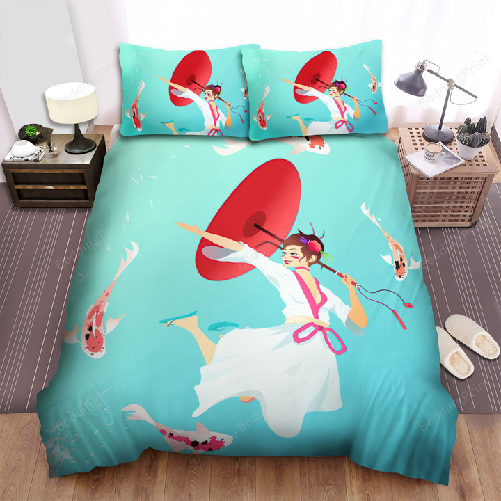 The Japanese Fish - The Kohaku Koi And The Japanese Girl Bed Sheets Spread Duvet Cover Bedding Sets