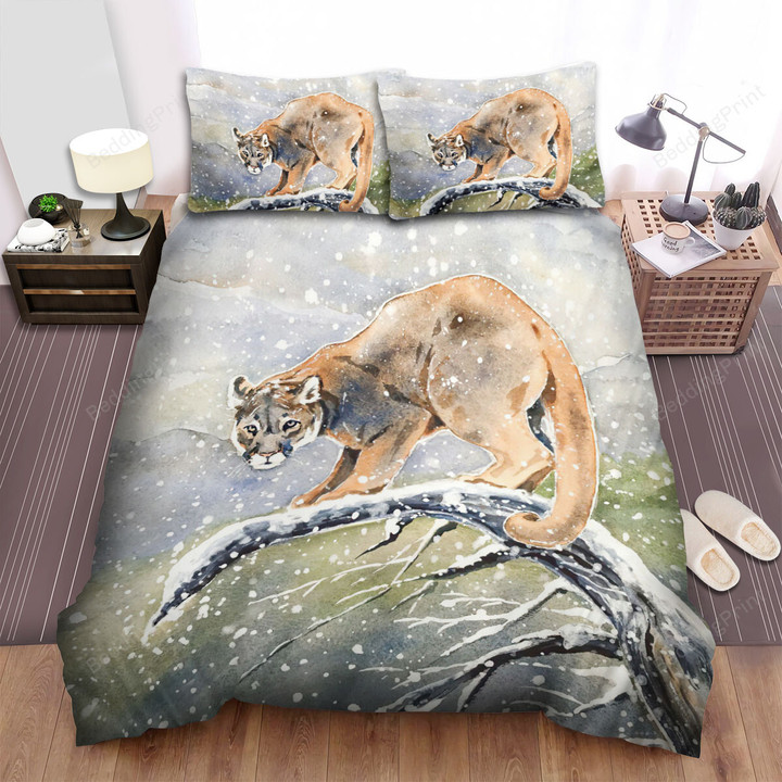 The Wildlife - The Cougar On The Tree In The Winter Bed Sheets Spread Duvet Cover Bedding Sets