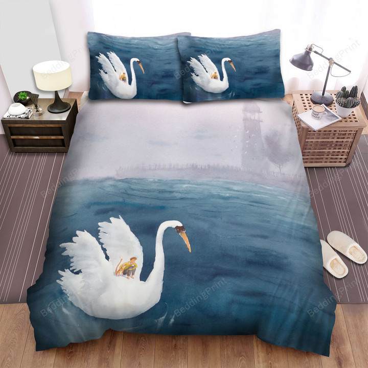 The Wild Animal - Riding On The Swan Watercolor Art Bed Sheets Spread Duvet Cover Bedding Sets