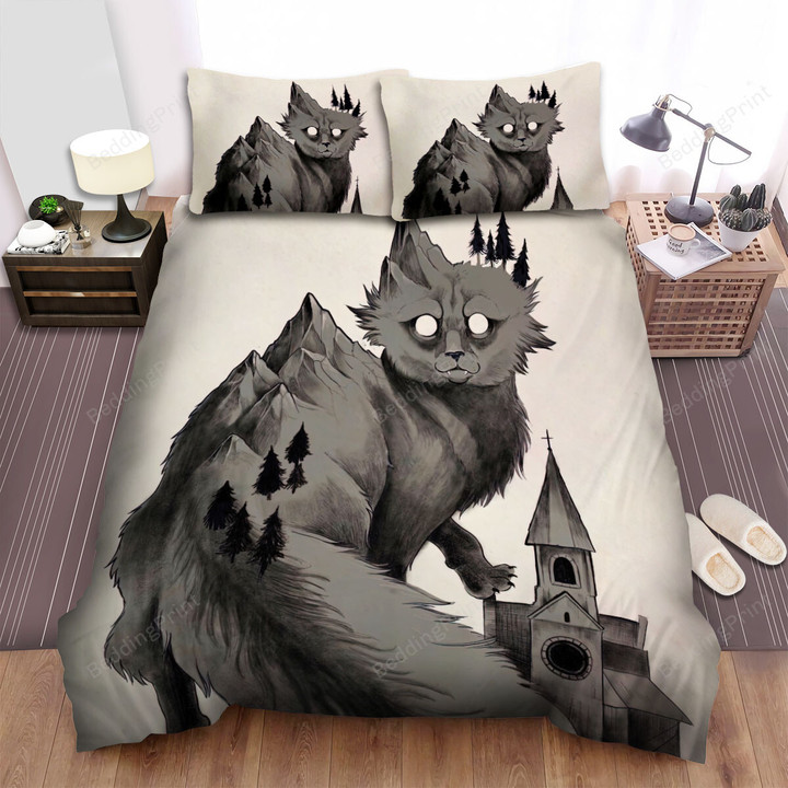 The Christmas Art - Yule Cat And The Church Bed Sheets Spread Duvet Cover Bedding Sets