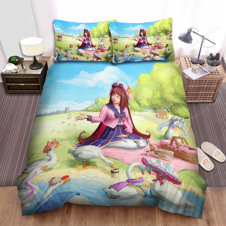 The Farm Animal - Feeding The Goose In The Park Field Bed Sheets Spread Duvet Cover Bedding Sets