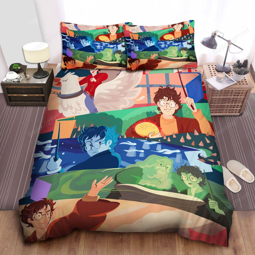 Harry Potter In Cartoon Character Iconic Moments Bed Sheets Spread Comforter Duvet Cover Bedding Sets