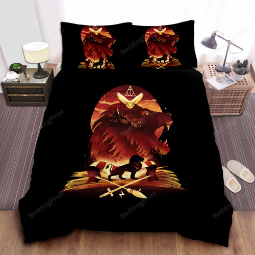 Harry Potter House Gryffindor Lion Digital Illustration Bed Sheets Spread Comforter Duvet Cover Bedding Sets