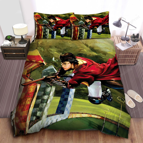 Harry Potter Riding Flying Broomstick In A Quidditch Match Painting Bed Sheets Spread Comforter Duvet Cover Bedding Sets