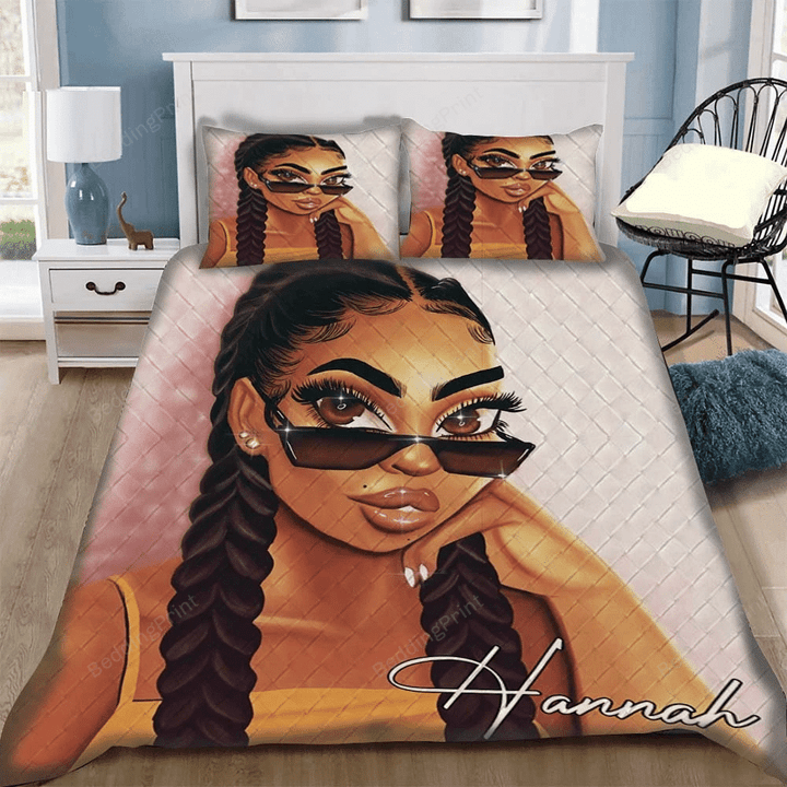 African American Girl With Glasses Pesonalized Custom Bedding Set (Duvet Cover & Pillow Cases)