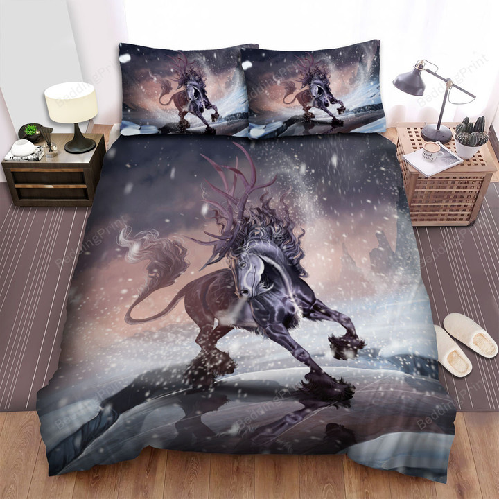 The Wild Creature - The Black Horse Running In The Winter Bed Sheets Spread Duvet Cover Bedding Sets
