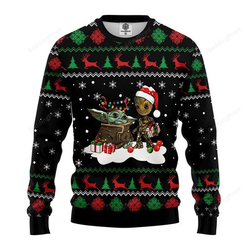 Baby Yoda Meet Baby Groot Christmas For Unisex Ugly Christmas Sweater, All Over Print Sweatshirt