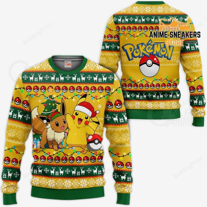Pikachu Eevee Pokemon Anime Xmas Ugly Christmas Sweater, All Over Print Sweatshirt