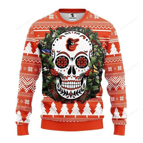 Baltimore Orioles Skull Flower Ugly Christmas Sweater, All Over Print Sweatshirt