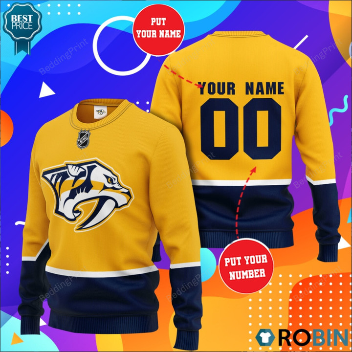 Personalized Custom Name And Number Nashville Predators All Over Print Sweater Ugly Christmas Sweater, All Over Print Sweatshirt