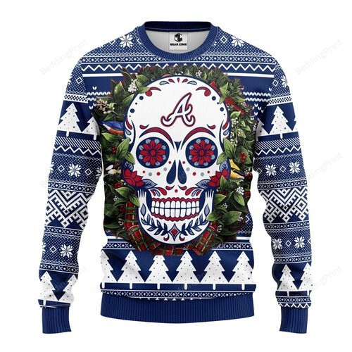 Atlanta Braves Skull Flower For Unisex Ugly Christmas Sweater, All Over Print Sweatshirt
