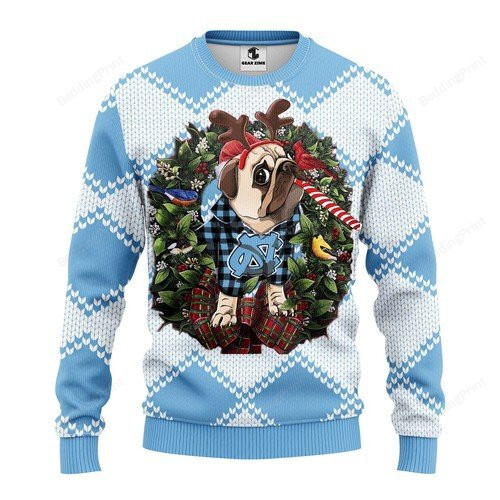 North Carolina Tar Heels Pug Dog Ugly Christmas Sweater, All Over Print Sweatshirt