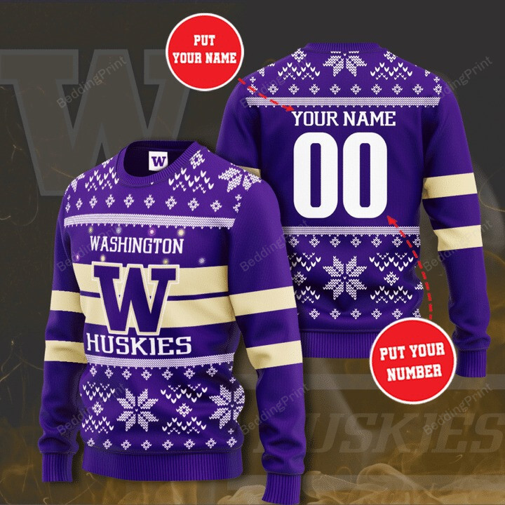 Personalized Custom Name And Number Washington Huskies For Fans Ugly Christmas Sweater, All Over Print Sweatshirt